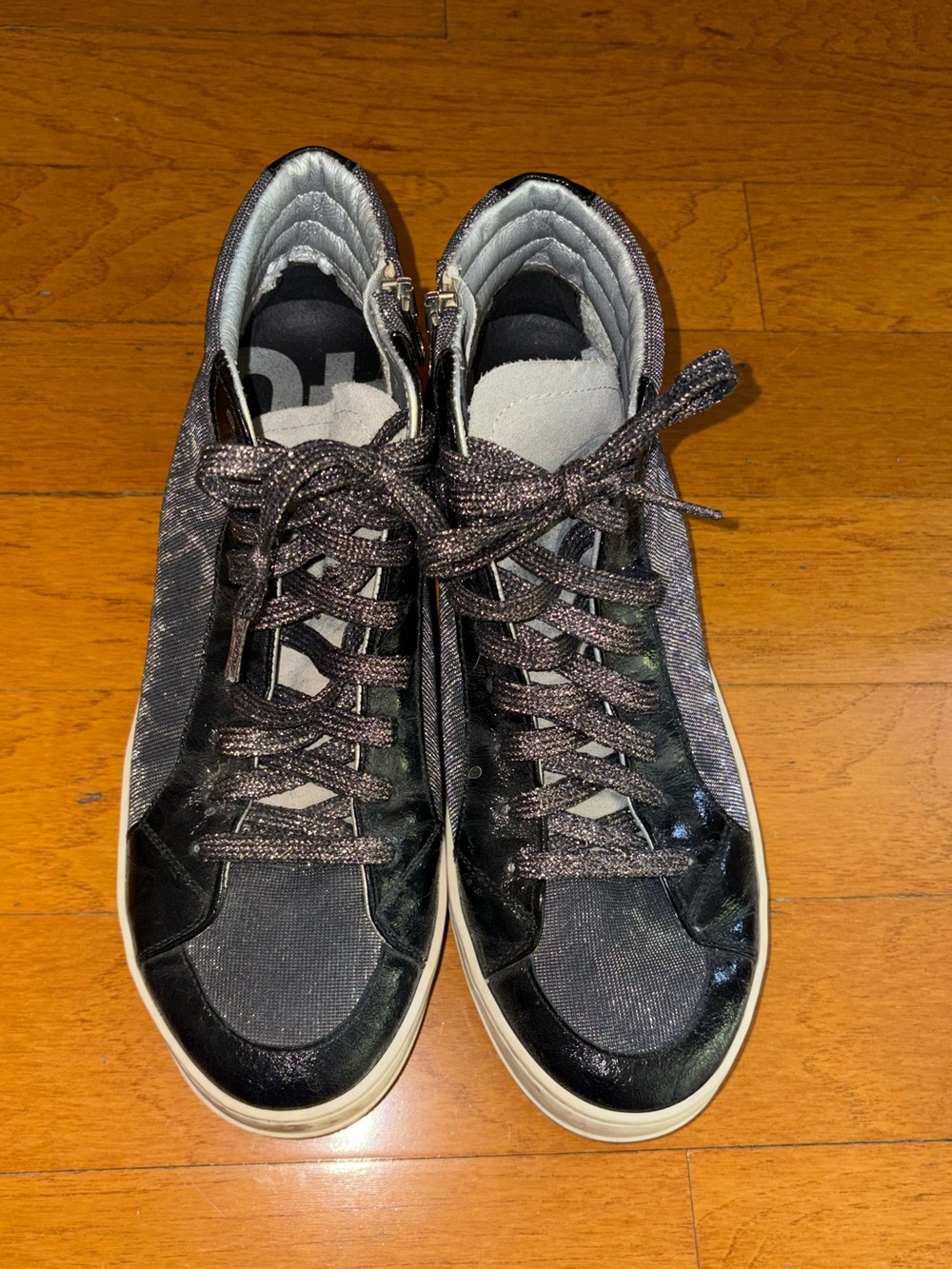 P448 Women's Black and Silver Sparkly Animal Print High Top Sneakers